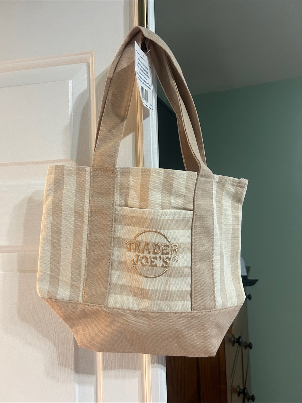 Beige Striped Canvas Tote Bag